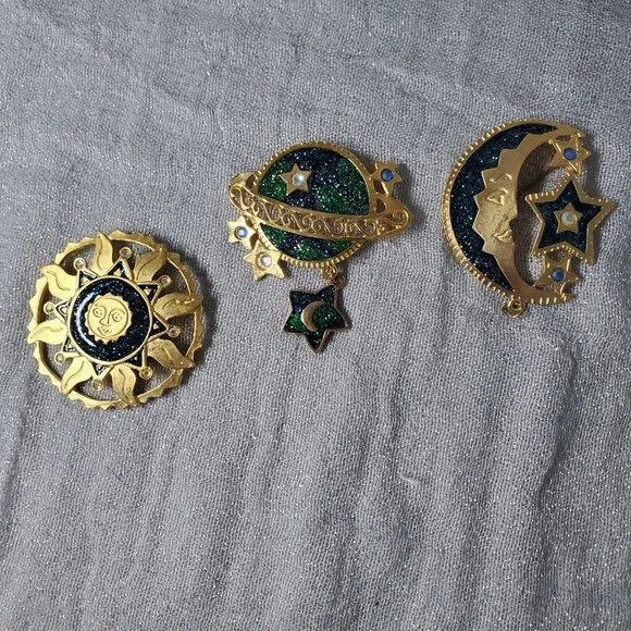 Vtg Newpro Celestial Brooch Full Set Gold Tone Sun Moon Planet Glitter Enamel - Picture 2 of 9